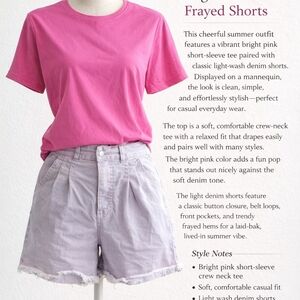 Bright Pink Crew Neck Tee with Light Lavender Denim Shorts
